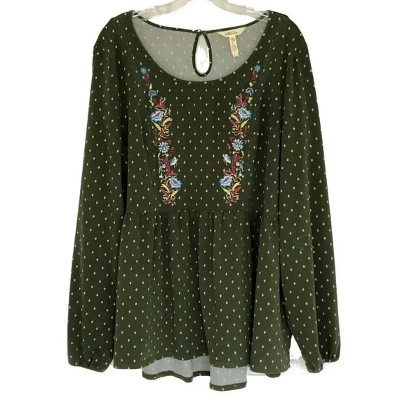 Matilda Jane Tops - Matilda Jane top XXL peasant scoop neck long sleeve embroidered green